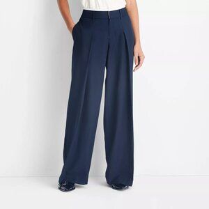 Future Collective Womens Mid-Rise Wide Leg Contrast Waistband Trousers Navy Blue